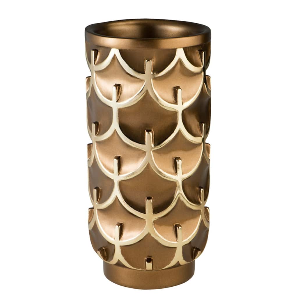 Gold Polyresin Cylinder Table Vase with Geometric Tear Drop Pattern Watertight