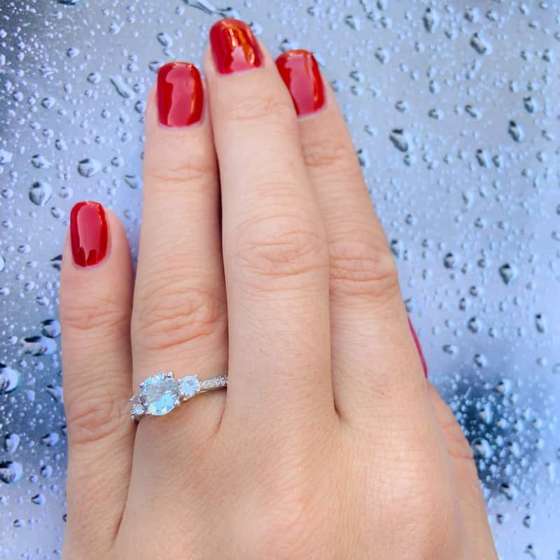 Miadora 10k White Gold Aquamarine Created White Sapphire and Diamond 3-Stone Engagement Ring