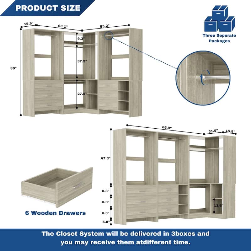 Cimly Set of 3 Freestanding Corner Closet System, Space-saving Closet Organizer for Walk-in/ Reach-in Closet