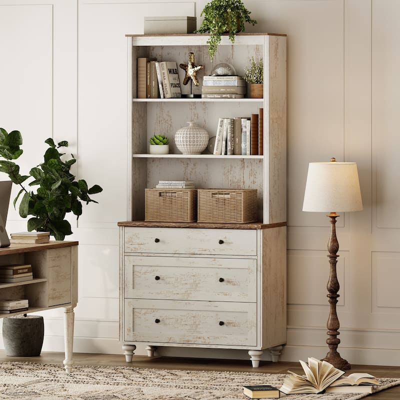 Rustic White Bookcase with Doors, Large Wood Farmhouse Book Case Shelf