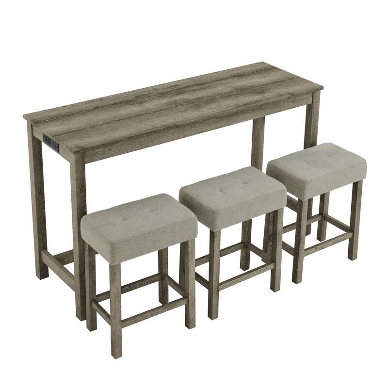 59" Counter Height Bar Table Set with Power Outlet, Industrial Breakfast Table with 3 Stools, 4 Piece Bar Table and Chairs Set