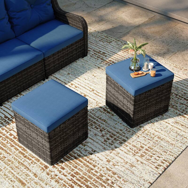 Outdoor Wicker Square Storage Ottoman with Plush Cushion(Set of 2)