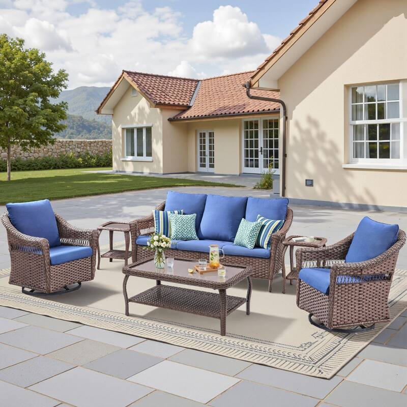 Pocassy 6 Pieces Sofa Swivel Chair with Coffee Table - Brown & Blue