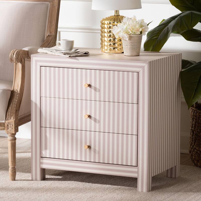 Javianne End Table with Striped Faux Leather - 3-Drawer Storage Cabinet with Gold Knobs