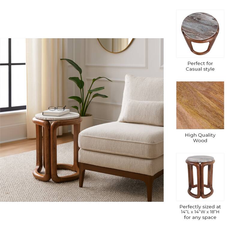 Marble Round Top Inlay Wood End Table - Ivory, 18 in. - 14" x 14" x 18"