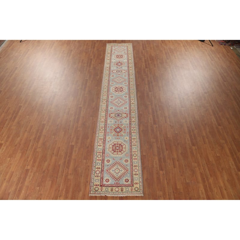 Blue Kazak Runner Rug Handmade Oriental Wool Carpet - 2'8" x 15'8"