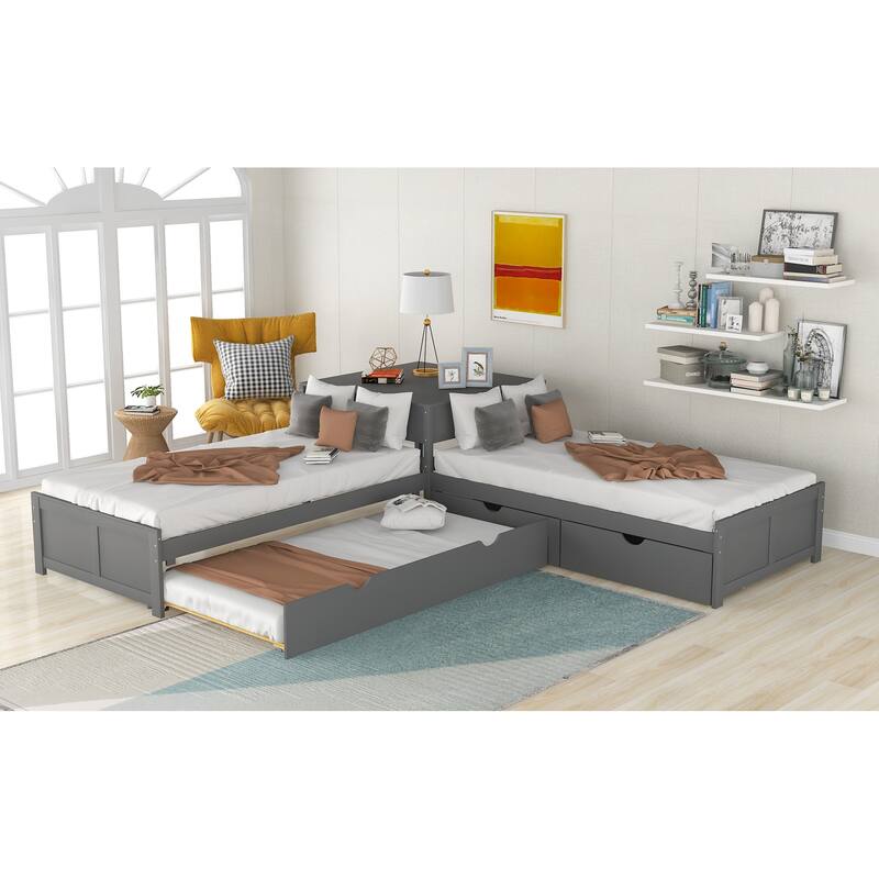 Space-Saving L-Shaped Loft Bed for Twins with Trundle and Integrated Desk