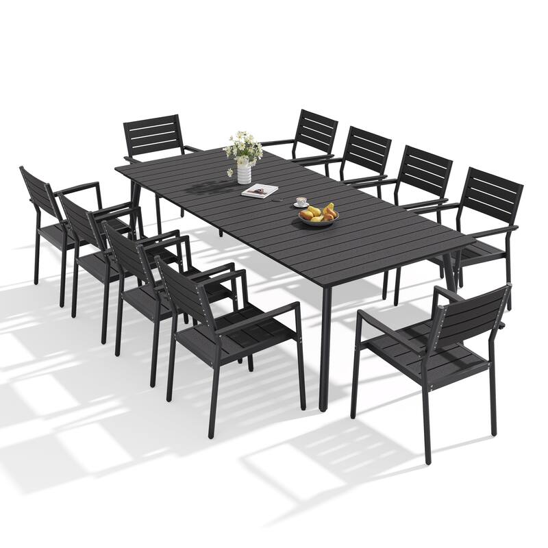 11-Piece Outdoor Patio Dining Set Wood-Like Table Top Alumium Umbrella Hole Table with Stackable Armrest Chairs