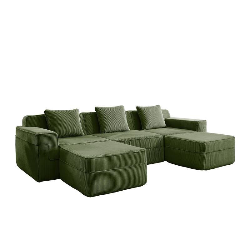 GDFStudio - Corduroy Modular 3-Seater 117.3" U-Shaped Boneless Cloud Sofa with 2 Ottomans
