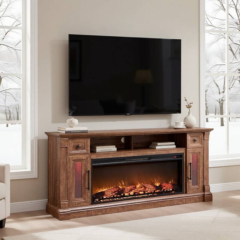 Fireplace TV Stand for 80" TV, Entertainment Center with LED Lights - Brown