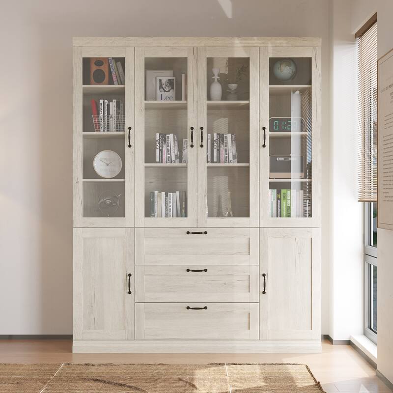 Bookcase Cabinet with Glass Doors and Drawers Multi-Purpose Storage Display Hutch for Living Room or Dining Room - 63"Wonly