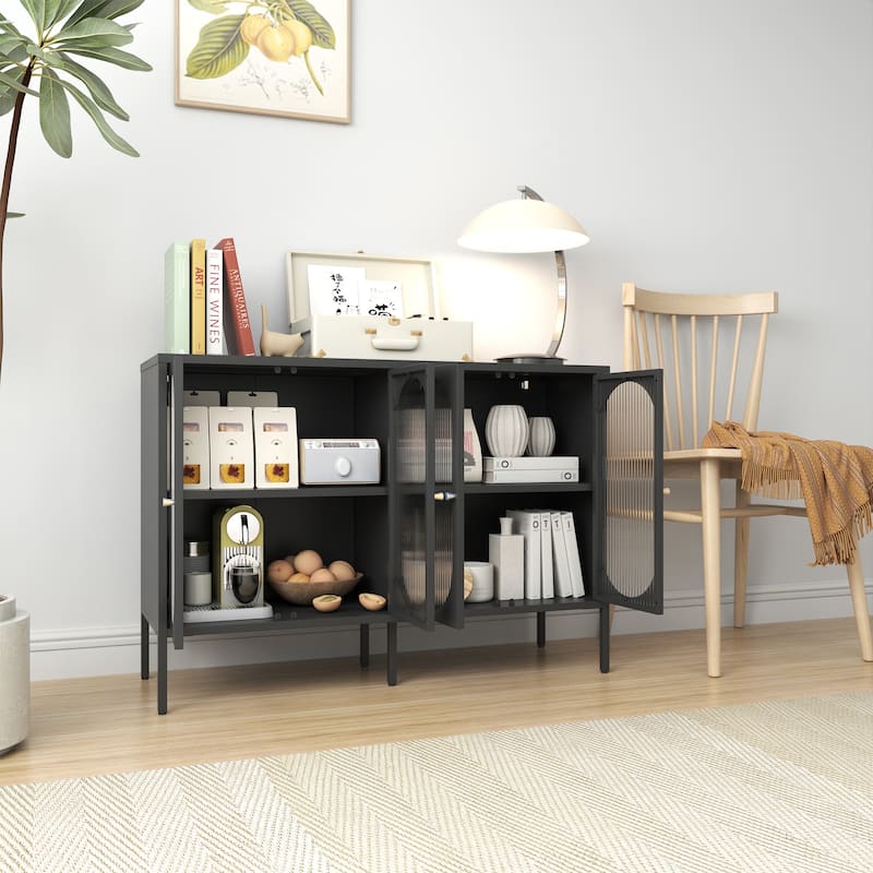Metal Sideboard Cabinet with 4 Glass Door, Steel Locker Sideboard Buffet Cabinet, Sideboard Buffet Cabinet with 4 Doors