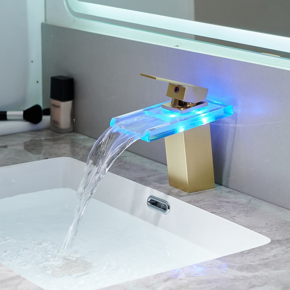 Single Handle Glass LED Waterfall Bathroom Sink Faucet - 7-in H