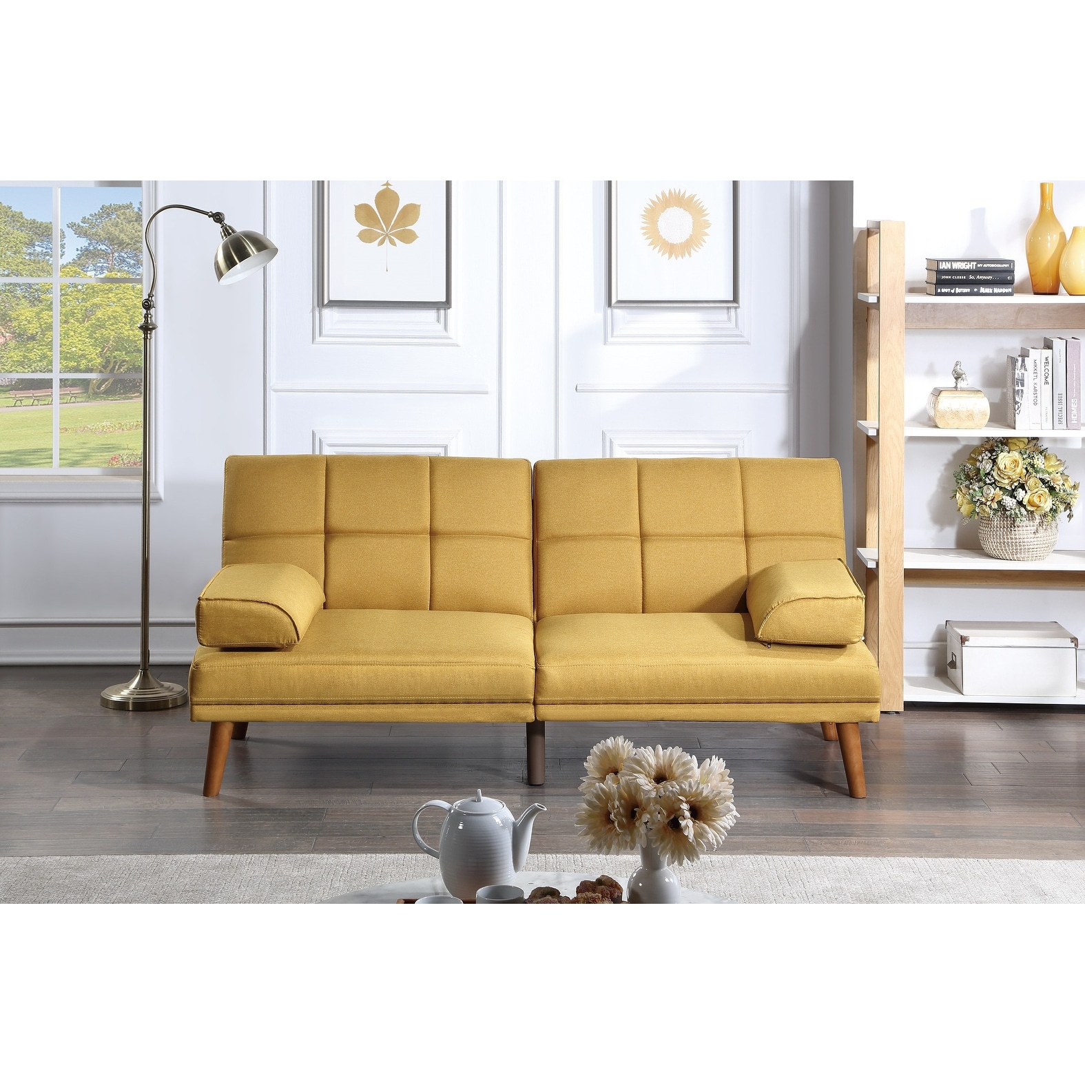 Calnod Mustard Polyfiber Adjustable Tufted Sofa Living Room Solid wood Legs Comfort Couch