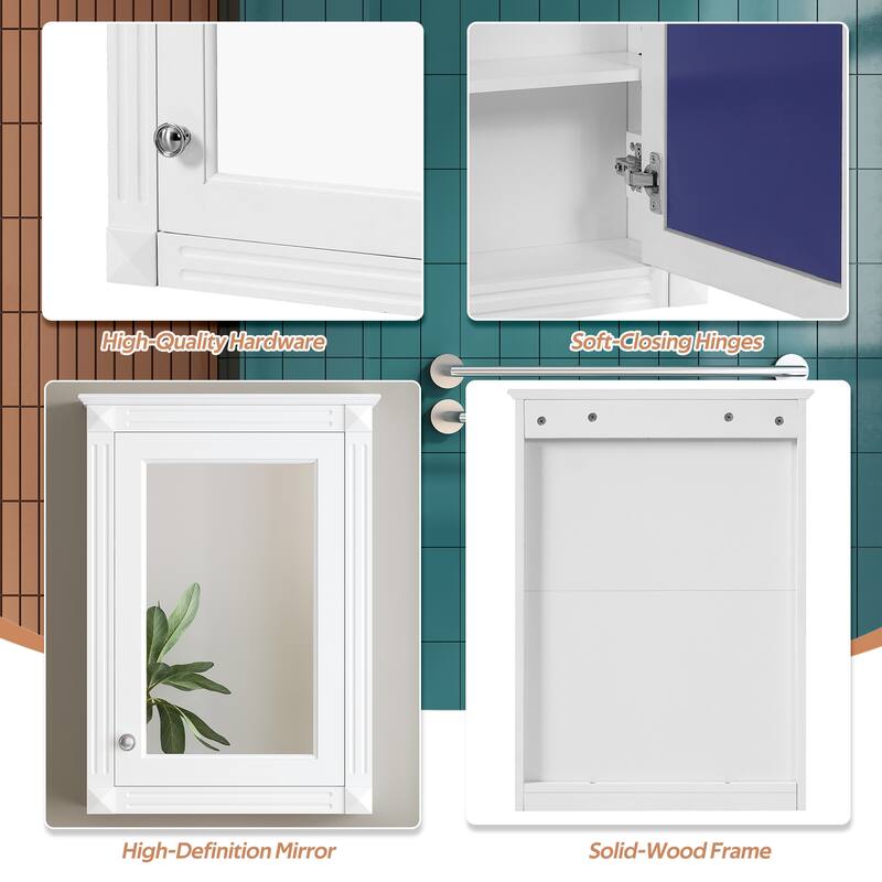 20" Wall Mounted Bathroom Medicine Cabinet with Mirror, Adjustable Shelf Storage Cabinet Over Toilet, Solid Wood Frame