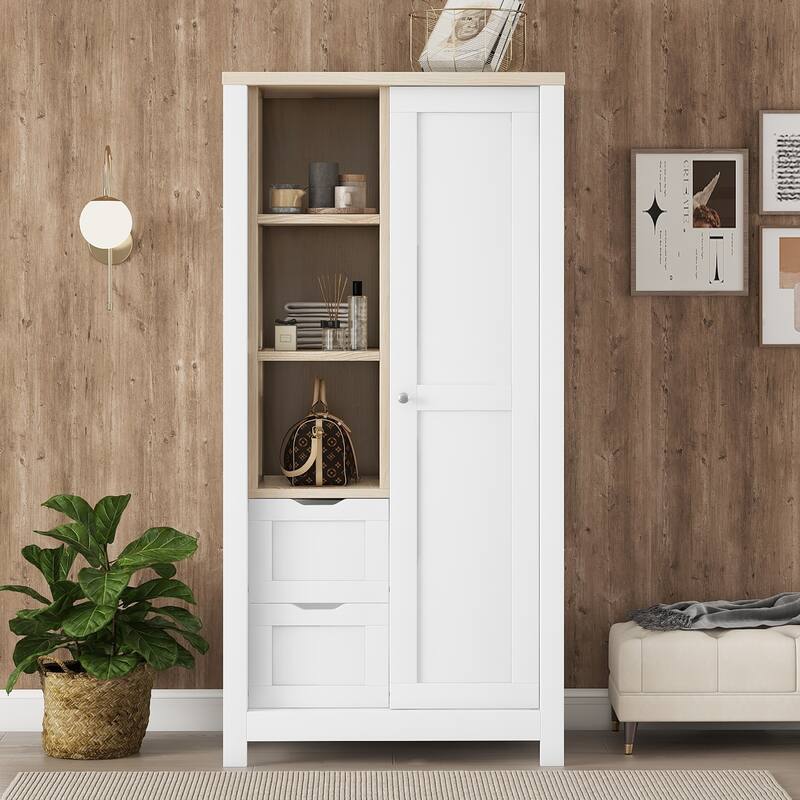 Storage Wardrobe with Hanging Rods and 2 Drawers and Open Shelves - N/A - White