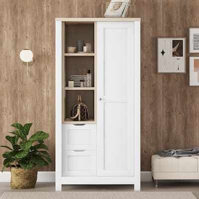 Storage Wardrobe with Hanging Rods and 2 Drawers and Open Shelves - N/A