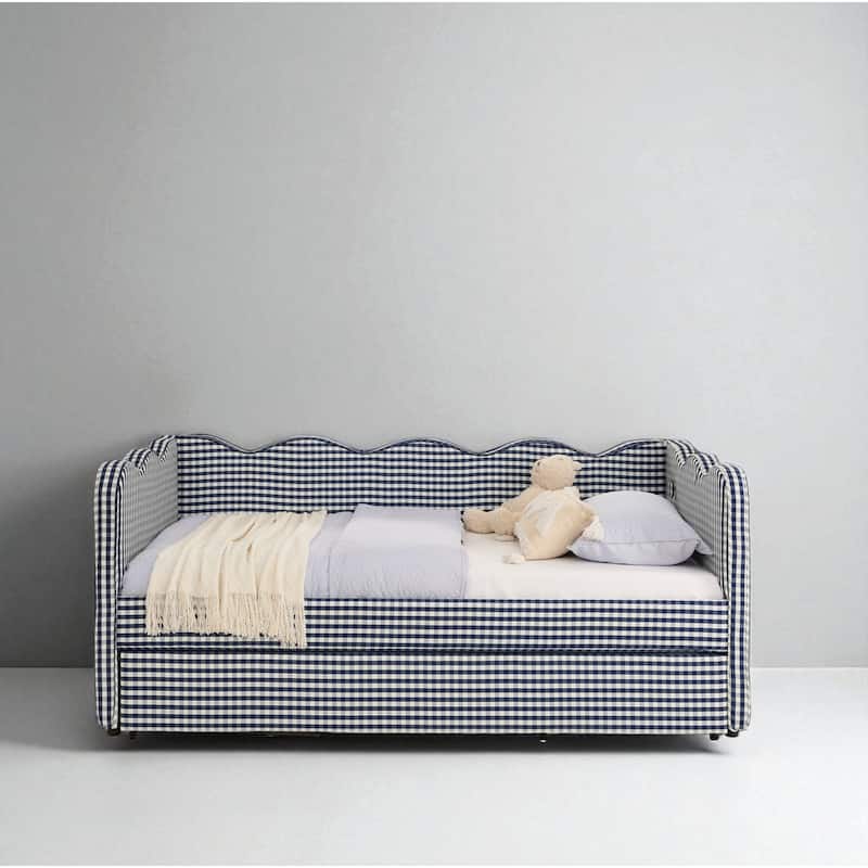 Twin Size Gingham Daybed with Trundle, USB Port, Wave Design, No Box Spring Needed, Linen Upholstered Sofa Bed