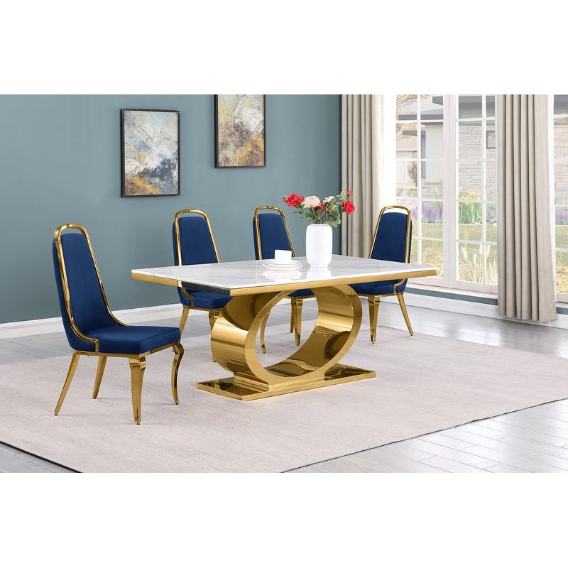Best Quality Furniture D430/1-SC310-7 Dining Set with 68" White Marble Top - 5-Piece - Navy Blue / Gold
