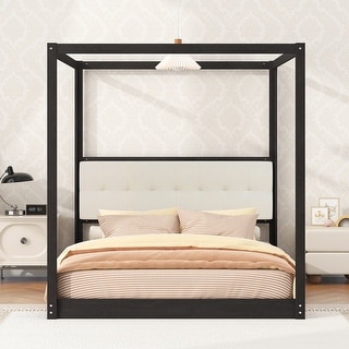 King Size Wooden Canopy Platform Bed with Upholstered Headboard