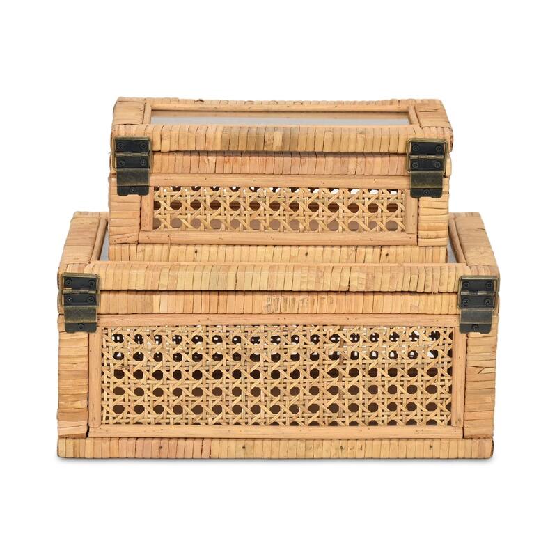 Set Of Two Natural Wood Rattan And Glass Jewelry Boxes