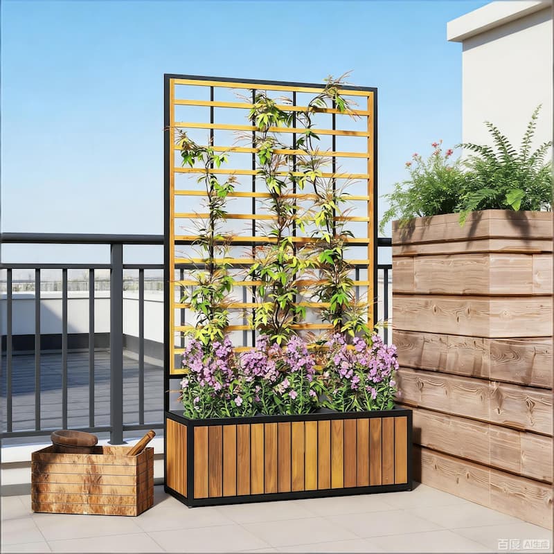 Outdoor Wood Planter Box Planter Pot with Trellis and Drainage Design - Teak