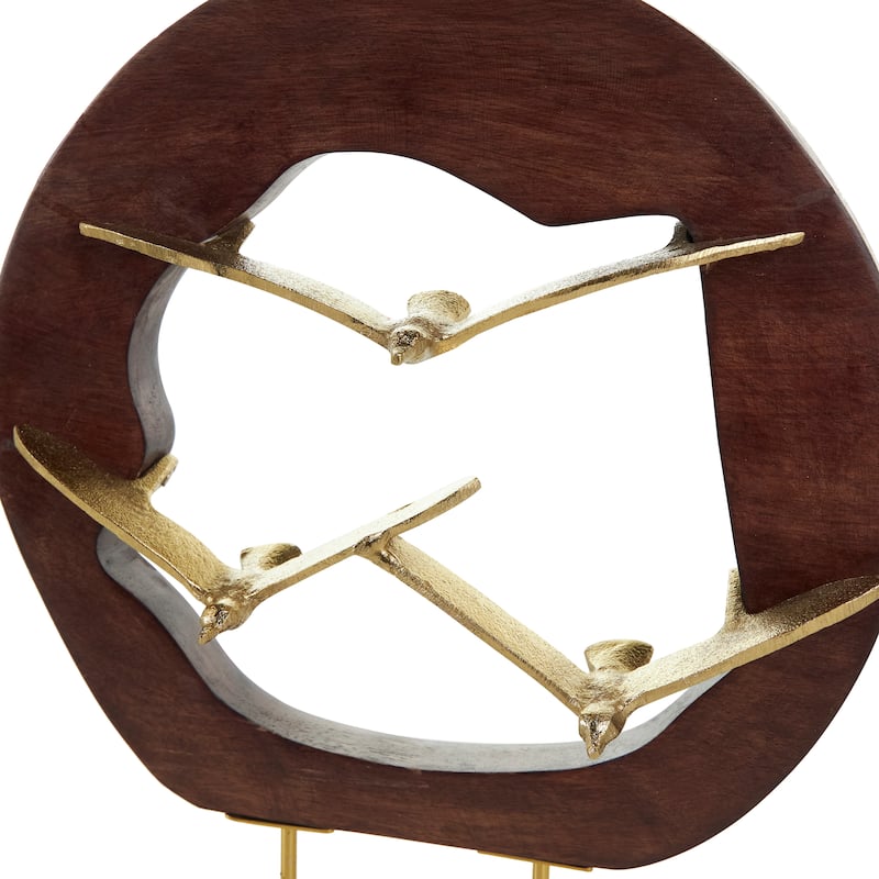 Gold Aluminum Metal Bird Sculpture with Brown Wooden Frame and Marble Base