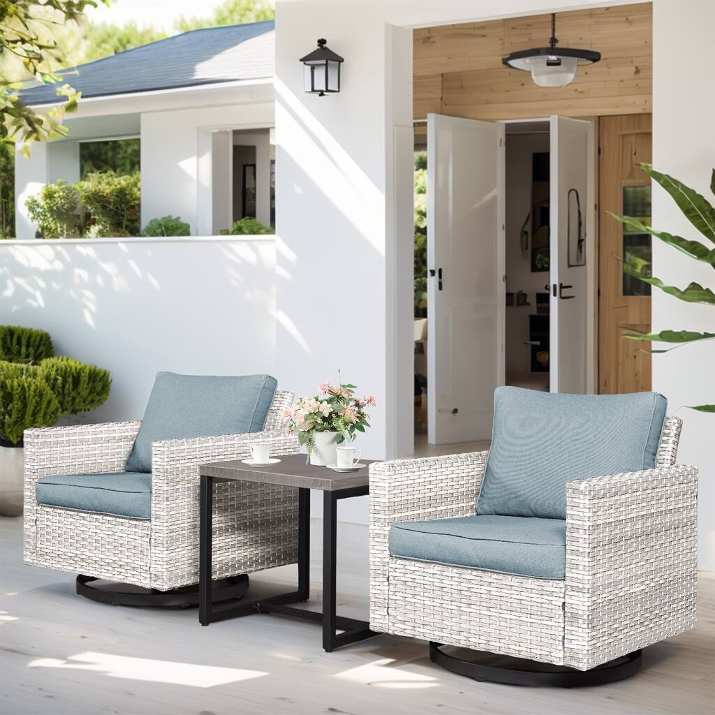 Outdoor Wicker Swivel Rocking Chairs with Table - Light Grey