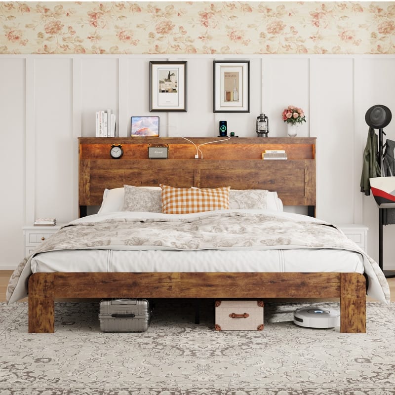 Wood Platform Bed Frame with Storage LED Light Headboard and 2 USB, Under Bed Storage, No Box Spring Needed