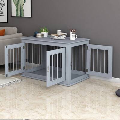 Grondin Indoor Furniture Style Wooden Dog Crate Pet Cage End Table with 3 Doors and Chew-Resistant Metal Pipe Fence