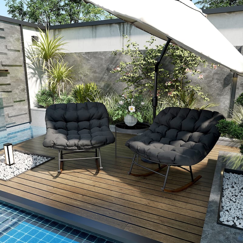 Steel Rocking Chairs with Cushions Woodgrain Base Indoor Outdoor Set of 2 - 36.6" W x 39.8" D x 30.7" H