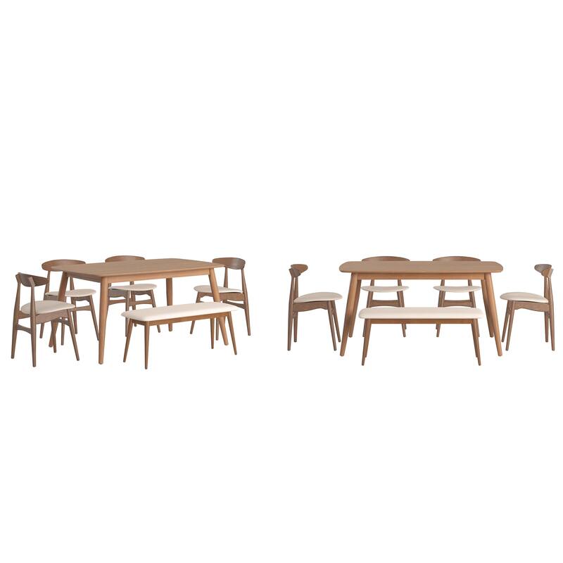 Ribe Mid-Century Modern Tapered Dining Set - 59" Table - Beige Fabric/4 Chairs+1 Bench