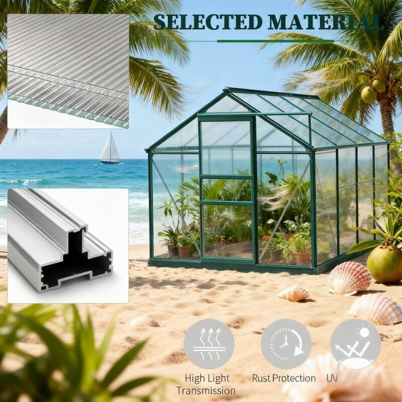 GDFStudio - Outdoor 6'x8' Aluminum Frame Outdoor Greenhouse with Polycarbonate Panels, Rain Gutter & Roof Vent - Dark Green