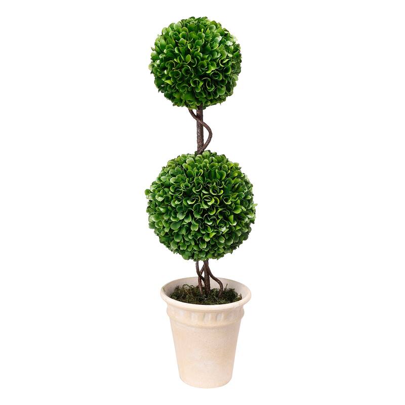 Two-Tiered Faux Boxwood Sphere Topiary in Cream Pot