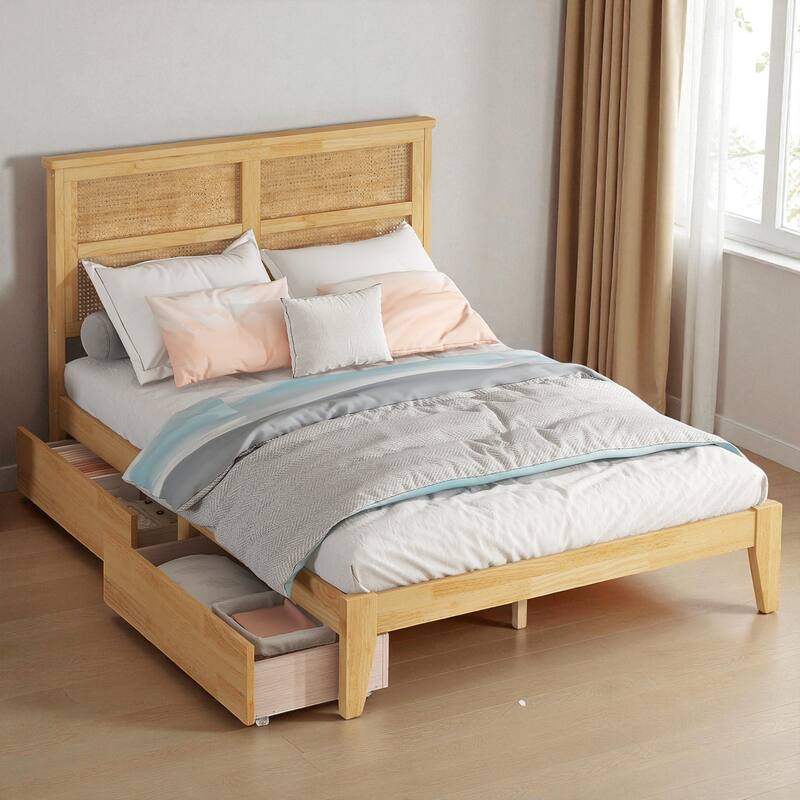 Full/King Size Rubber Wood Bed with Rattan Headboard and 2 Storage Drawers, Solid Frame with Reinforced Support Slats and Feet - White Oak - Full