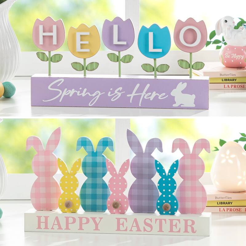 Glitzhome Easter Wooden/Metal Tulips/Bunny Family Spring Theme Table Decor