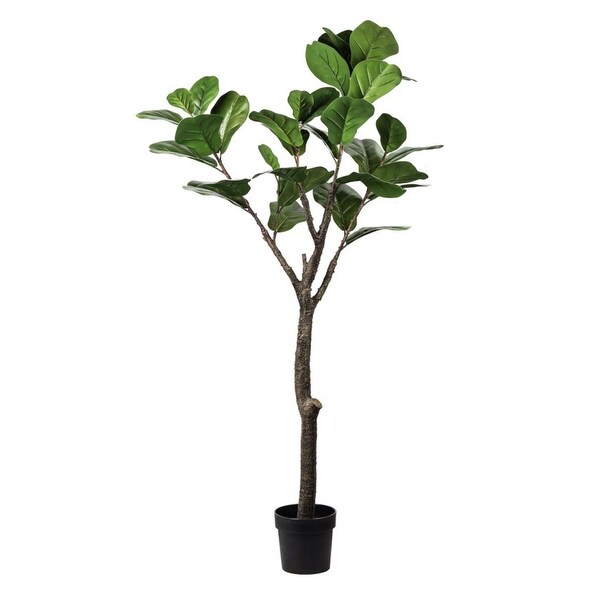 59" Green and Black Botanical Faux Round Potted Fiddle Leaf Tree - N/A