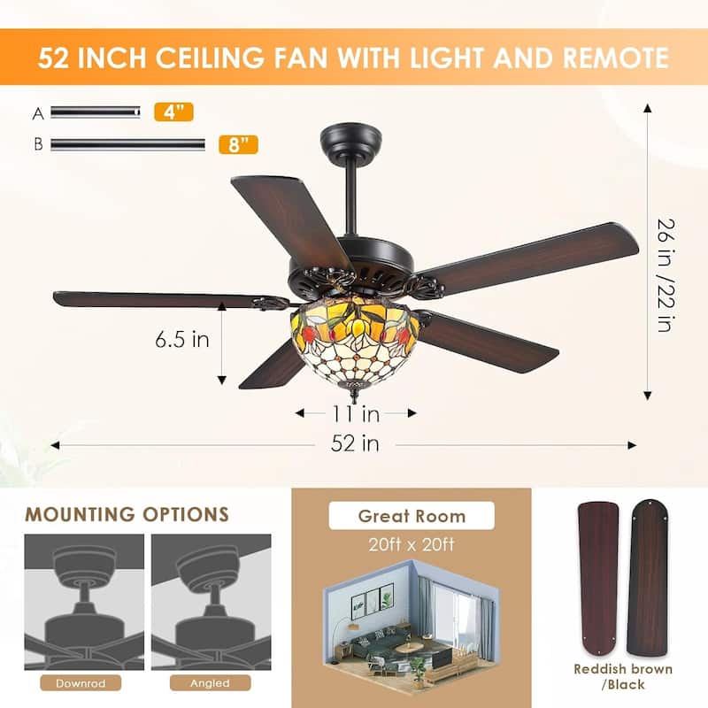 50" TiffanyTropical Ceiling Fan with 5 Palm Leaf Bllades and Vintage Cover Waterproof for Indoor and Outdoor Patio