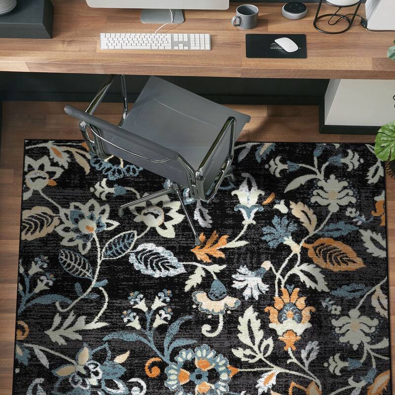 Beige Multi Vine Floral Stylish and Durable Area Rug - Black - 4' x 6'