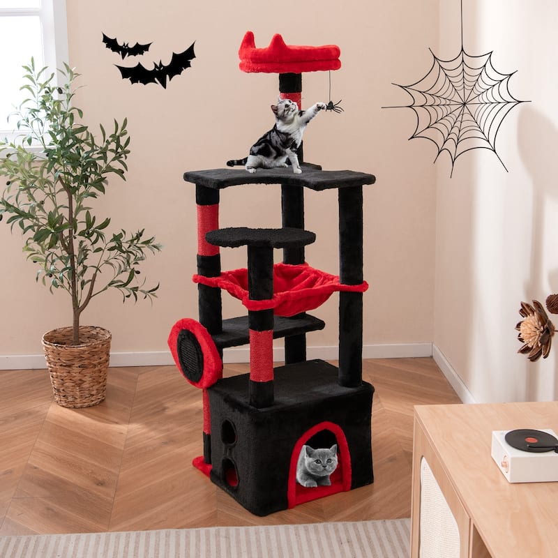Black and Red Gothic Cat Tree Tower with Condo Perch Hammock and Scratching Posts - 52"