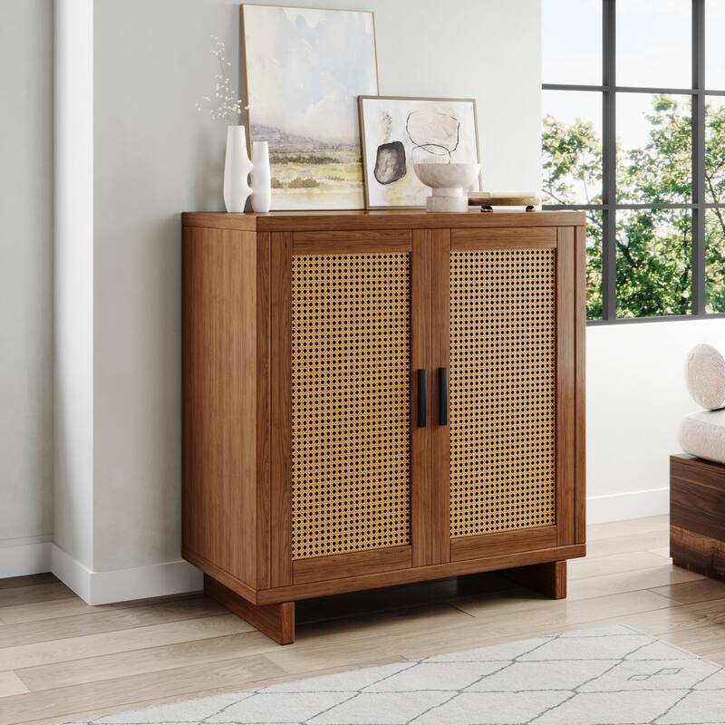 Farmhouse Woven Rattan Sideboard Accent Cabinet - Walnut