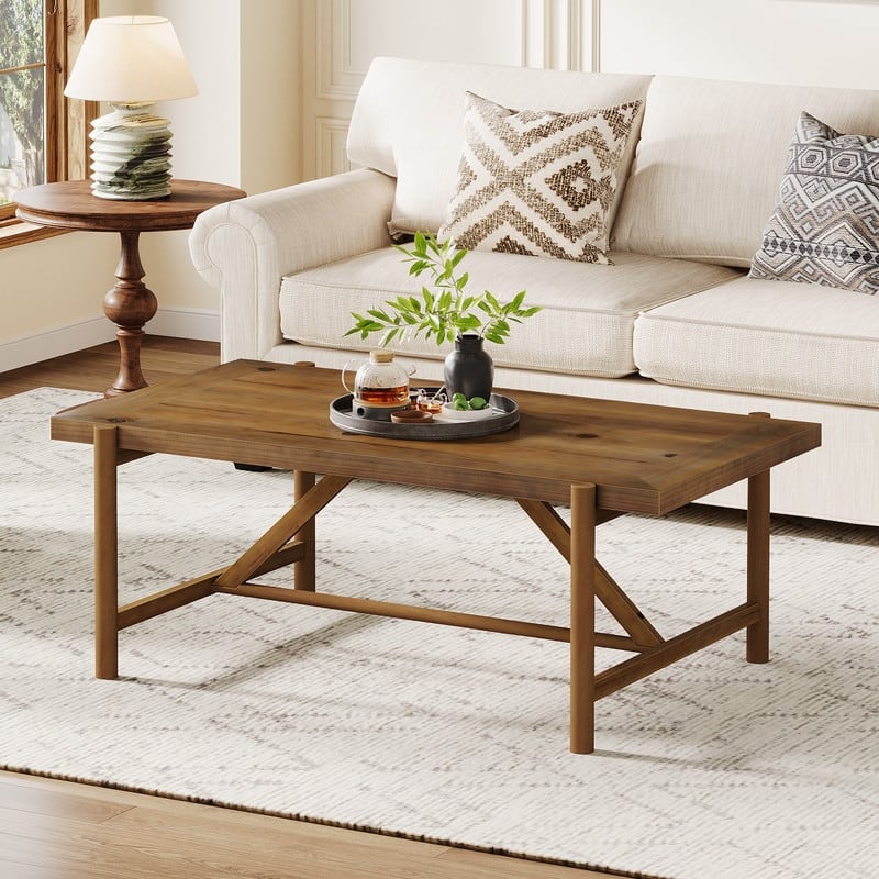 Farmhouse Solid Wood Coffee Table with Spacious Tabletop, 47-Inch Center Tea Table for Living Room