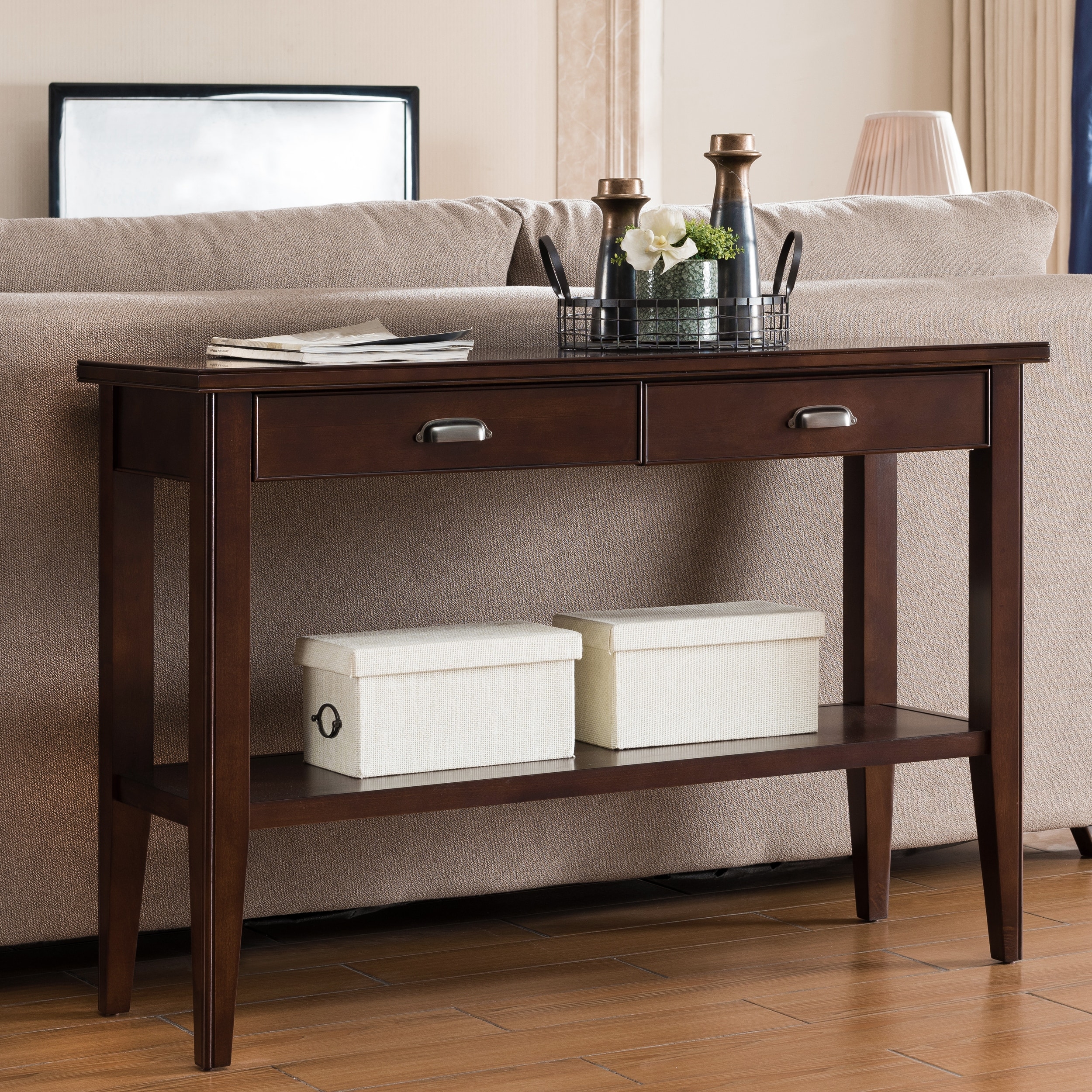 Leick Home 10533 Laurent Two Drawer Sofa Table with Shelf Chocolate Cherry Bed Bath Beyond 35450032