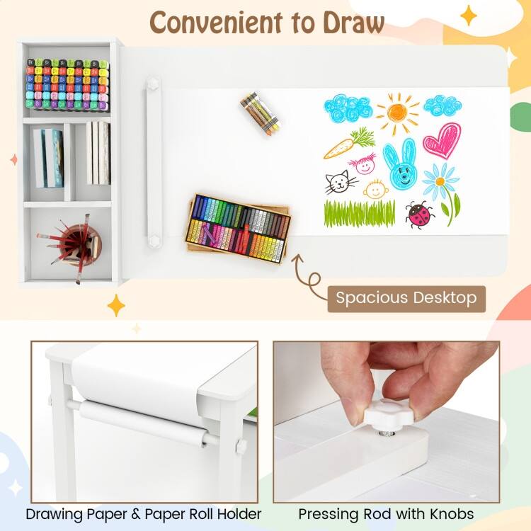 Kids Art Table and 2 Chairs Set with 4 Fabric Storage Bins and 4 Compartments - 39.5" x 20" x 23" (L x W x H)