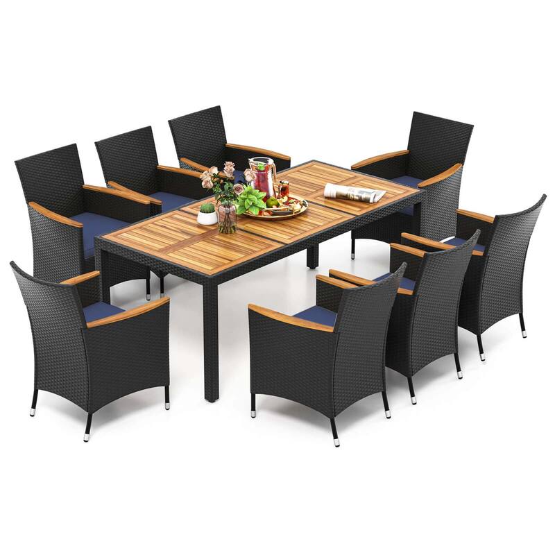 Costway 9 PCS Outdoor Dining Set with Acacia Wood Tabletop, Umbrella
