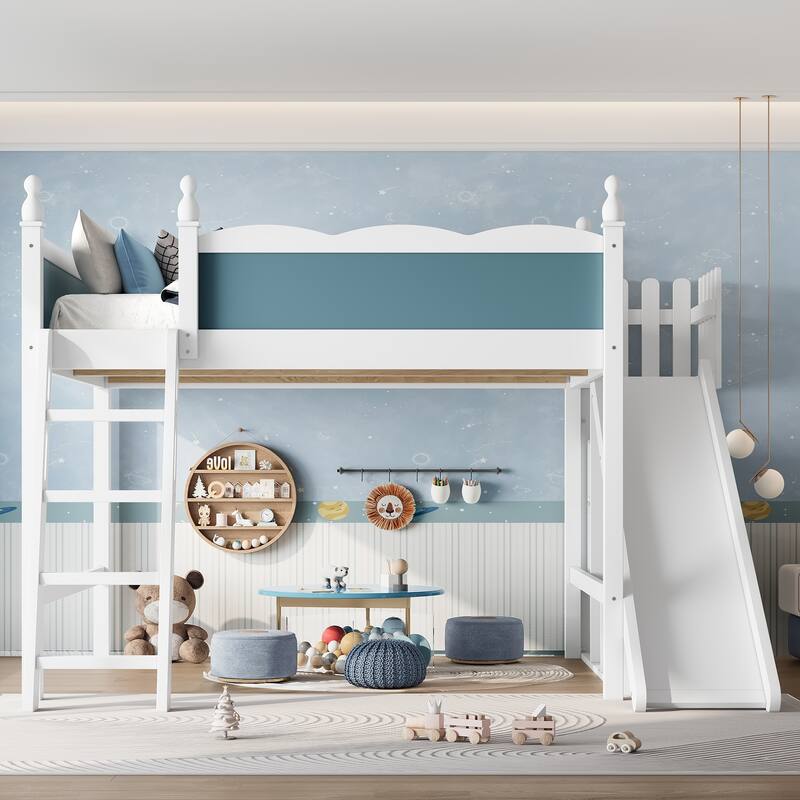 Queen Loft Bed with Storage Shelves and Cabinet, Solid Wood Loft Beds with Detachable Slide and Ladders, No Spring Box Needed