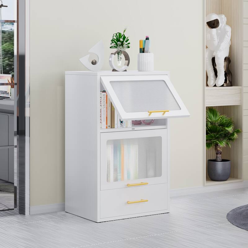 Freestanding Metal Display Storage Cabinet,Cupboard with Flip-up Acrylic Doors and Drawer