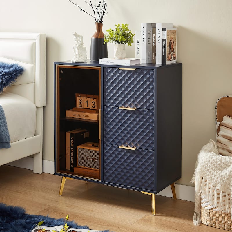 Modern Dresser with Glass Doors & 3 Drawers - 31.5" - Navy Blue