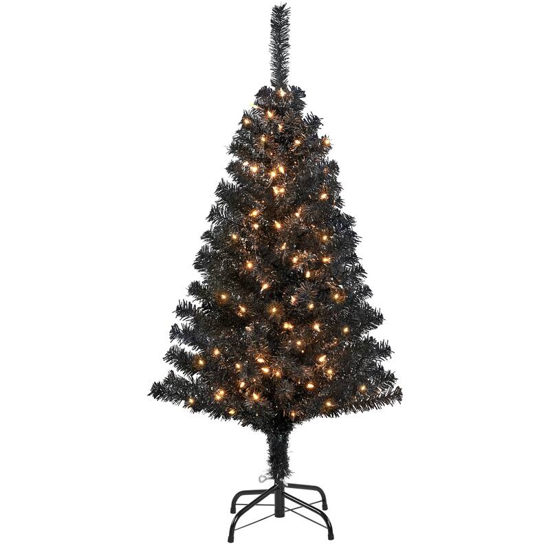 Yaheetech 4ft Pre-lit Black Tinsel Artificial Halloween Christmas Tree