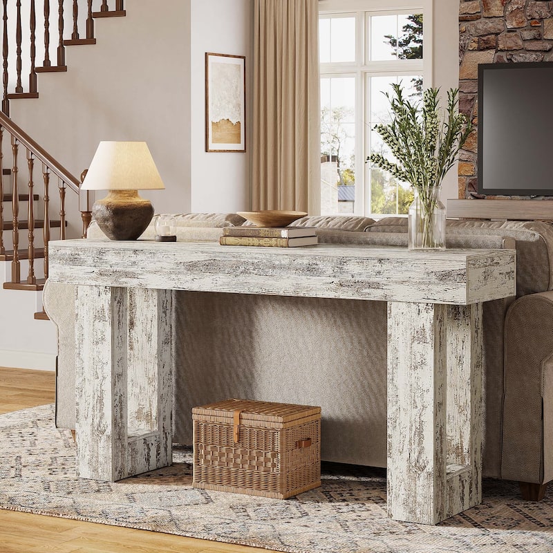 63-Inch Farmhouse Wooden Sofa Console Entryway Table for Living Room - Distressed White